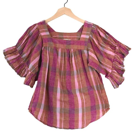 BeachLunchLounge Pink Brown Linen Blouse Square Neck Ruffle Sleeve Cottagecore - Picture 3 of 7